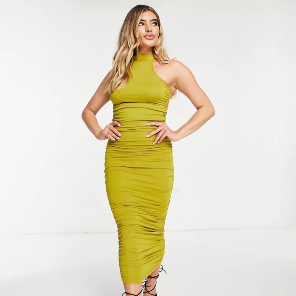 ISO ASOS DESIGN ruched racer front neck midi dress in olive green